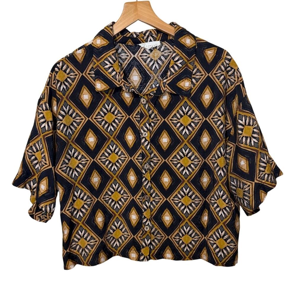 Promesa Boho Retro Brown Black Print Collared Short Sleeve Button Up Crop Top M